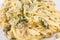 Closeup of turkey tetrazzini on white plate