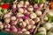 Closeup of turnip cabbages at market in sunny winter time