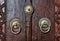 Closeup of two antique copper ornate door knockers over an aged wooden door