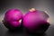 Closeup of two purple eggplants and little snail on dark background.