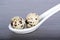 Closeup of two quail eggs and a porcelain spoon