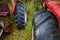 Closeup of two vintage tractors