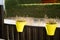 Closeup of two yellow pots with plants attached to the house deck on  the bush background