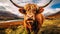 Closeup of the typical Scottish cow. AI generated