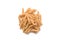 Closeup of uncooked organic penne rigate pasta on white background. Slow carbs concept. Top view