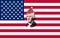 Closeup of United States of America flag with portrait George Washington in Santa claus red christmas hat