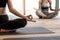 Closeup Of Unrecognizable Female Practicing Yoga At Group Class In Studio