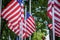 Closeup of US flags waving in the wind