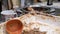 Closeup used ceramic baking tray on kitchen table