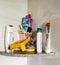 Closeup of Used Soap, Shampoo, Paste and Brushes inside the Washroom Arranged in a Stand or Shelf