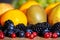 Closeup, variety of fresh fruits for a smoothie or juice