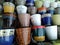Closeup of Various painted ceramic pots for sale at a street near Kolkata