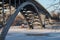 Closeup of the Vasterbron bridge surrounded by buildings in winter in Stockholm, Sweden