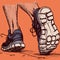 Closeup vector of two feet walking and doing physical activity. Vector of soles wearing sneakers jogging.
