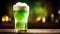 Closeup of vibrant green beer on a bar counter, Saint Patrick\\\'s Day
