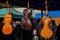 Closeup view of beautiful brown wooden string musical instrument of back violin