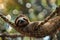 Closeup view of a beautiful cute Sloth relaxing in hammock in its natural habitat