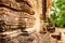 Closeup view of brickwork of Prasat Kravan temple in Cambodia