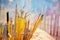 Closeup view of burning and smoking incense sticks at the Buddhist Po Lin Monastery in Hong Kong near big Tian Tan Buddha