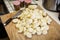 Closeup of view of chopped potatoes in the kitchen