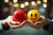 Closeup view couple holding red and yellow smiley faces, feedback