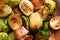 Closeup view of delicious Brussels sprouts with bacon