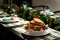 Closeup view of delicious french toast stack on a white plate on a Christmas style decorated table