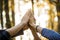 Closeup view of four people joining their hands together high up