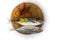 Closeup view of fresh Finletted Mackerel Fish or Torpedo Fish decorated with spices abd herbs on a wooden pad White Background.