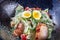 Closeup view on fresh salad with egg and meat bowl. Selective focus Flat lay food for lucnh with copy space. Picture for menu.