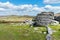 Closeup view of the granite bedrock outcrops at Top Tor, Dartmoor National Park, Devon, UK, on a bright cloudy day