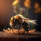 Closeup view of honey bee on the table, in a flight and on honeycomb. Useful insect