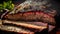 closeup view of mouthwatering tantalizing large sliced piece of freshly cooked meat, neural network generated image