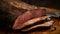 closeup view of mouthwatering tantalizing large sliced piece of freshly cooked meat, neural network generated image