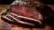 closeup view of mouthwatering tantalizing large sliced piece of freshly cooked meat, neural network generated image