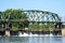 Closeup view of The Movable Dam at Lock 8, a three-span moveable dam with a walkway across the