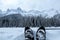 A closeup view of a person and their pair of snowshoes in Fernie, British Columbia, Canada.