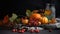 Closeup view of seasonal table setting with autumn leaves, pumpkins and ashberries on grey back. Thanksgiving Day, generative ai