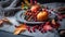 Closeup view of seasonal table setting with autumn leaves, pumpkins and ashberries on grey background, space for text.