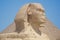 Closeup view of the Sphinx head with pyramid in Giza near Cairo, Egypt