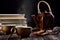 Closeup view of still life with ceramic cup of tea or coffee, teapot and cinnamon. Old wooden table top, smoke in front of books