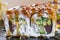 Closeup view of sushi roll with fish and cocumber. Asian food.
