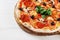 CLOSEUP view VERY HOT Italian Pizza. Prosciutto, Capricciosa, Funghi, Cotto HOMEMADE PIZZA. PIZZA ITALIAN, HOMEMADE PIZZA, PIZZA,