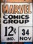 A closeup view of vintage Marvel comic book label that was originally sold for 12 cents is displayed in an old comics collection