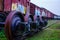 A closeup view of the wheels of a train