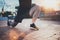 Closeup view of Young man doing stretch exercises muscles before training.Workout lifestyle concept.Muscular athlete