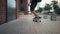 Closeup view of the young skilful skater riding at the skateboard at asphalt road in urban city street