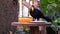 Closeup of violet turaco eating food, Bird diet, popular exotic specie from africa