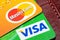 Closeup of Visa and Mastercard credit cards.