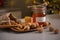 Closeup on walnuts and jar of honey on table